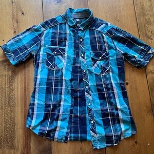 Vintage Various Artists blue plaid button down shirt sleeve men’s M